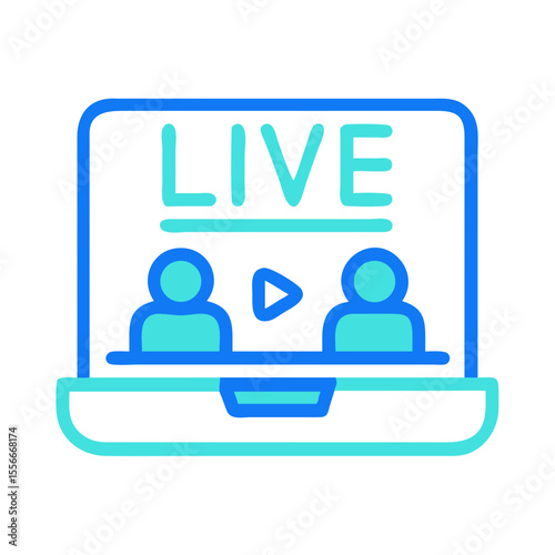 Digital live stream on laptop, icon style graphic representation of online video conferencing