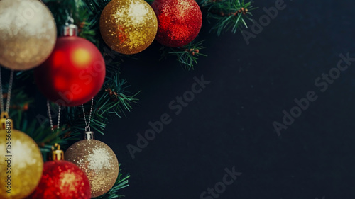 A luxurious Christmas frame with red gold glitter baubles on green pine branches over black background glowing festive elegant symmetrical detailed vivid magical