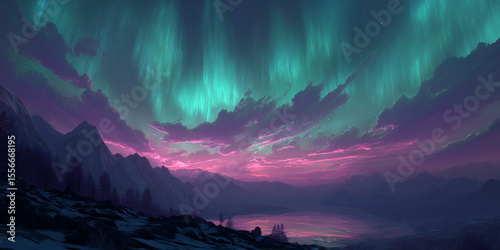Aurora borealis in the night sky, magic landscape with lights