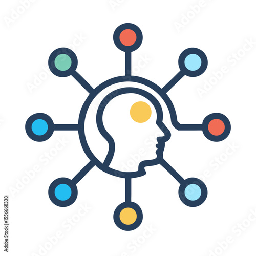 Human Head Connected to Colorful Nodes: Communication and Networking Illustration