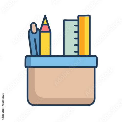 Colorful pen holder with stationery items, flat vector graphic design, isolated on black backdrop.