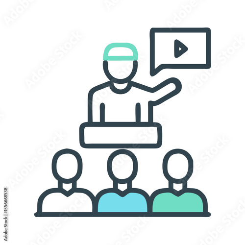 Presentation with speaker and audience icon. Communication and video marketing concept, illustration of presentation for business