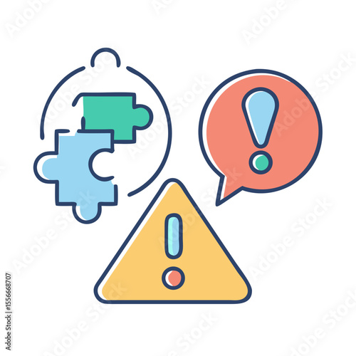 Problem solving and alerts with puzzle pieces and error warning signs on black background