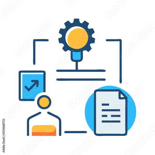 Conceptual illustration of workflow automation featuring a gear, document, graph, and stylized person on a black background