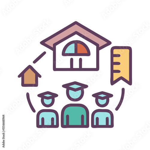 Icon illustration of graduate students, academic learning, and educational institution in a networked connection