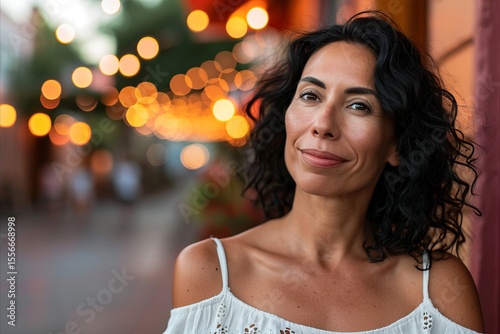 Portrait of beautiful middle-aged woman with long wavy black hair posing in the city streets.