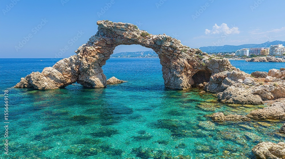 Fototapeta premium Rock arch over turquoise sea, coastal town in background
