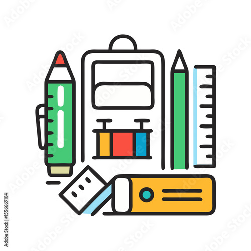 Flat Design School Supplies Composition, Backpack, Pencils, Ruler and Eraser on Black Background