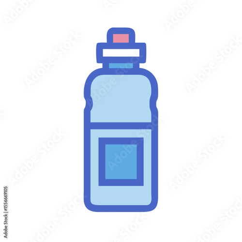 Stylized illustration of a blue water bottle with label isolated on a black background