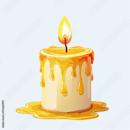 A birthday candle burning with wax drips
