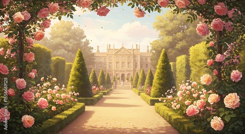 Rose-Framed Mansion: A Serene Garden Path Leading to Elegant Architecture