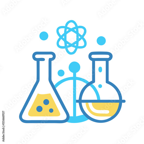 Minimalist science laboratory glassware and atom icon illustration on a black background