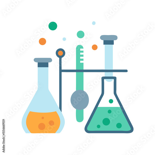 Chemistry Lab Experiment: Flat Vector Illustration of Flasks, Equipment, and Bubbles on Black Backdrop