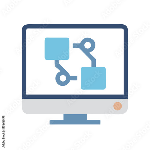 Modern Computer Monitor Displaying Connection Flowchart in Soft Blues on a Black Background