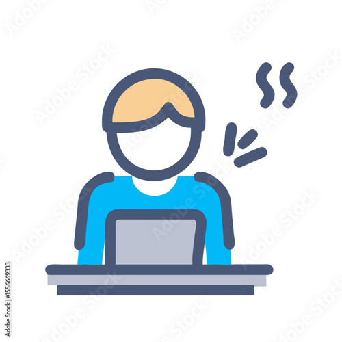Frustrated worker with burnout at desk in flat vector design, graphic illustration