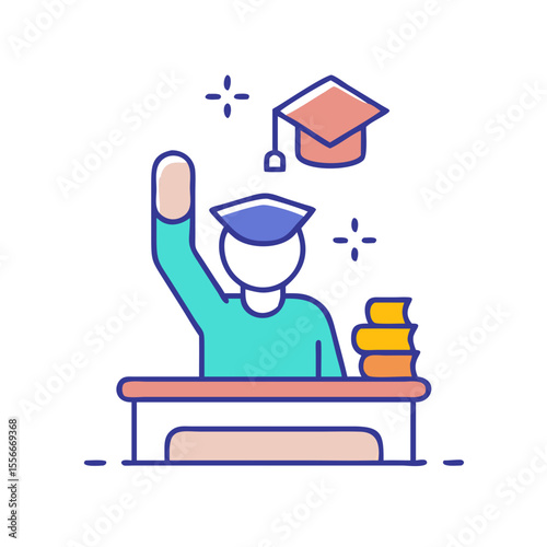 Illustration of graduation celebration with student, books, and mortarboard in flat design
