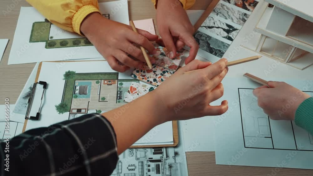 A dynamic creative workspace showcases designers collaborating on an interior design project, utilizing colorful mood boards and detailed architectural plans to ignite inspiration. SACTR