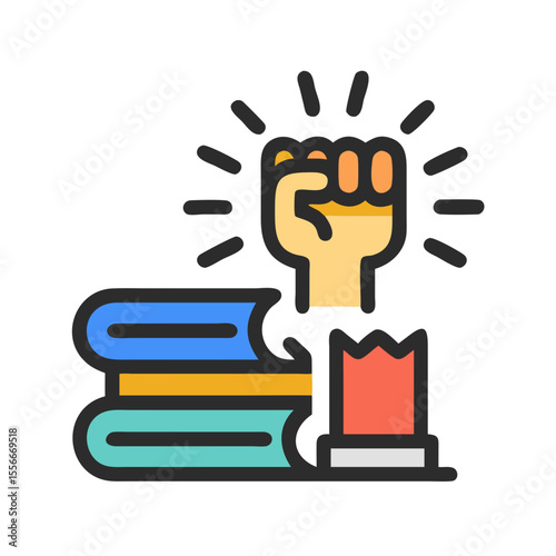 Raised fist and stack of books as a symbol of revolution and knowledge
