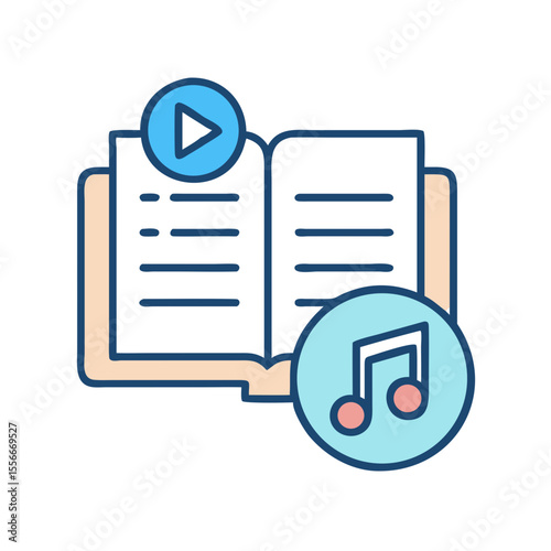 Audiobook icon with open book, play button, and music note on black background