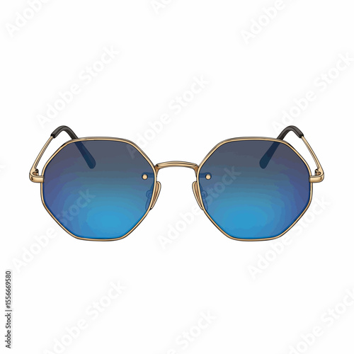 Gold Rimless Octagon with Blue Mirror Lenses Sunglasses
