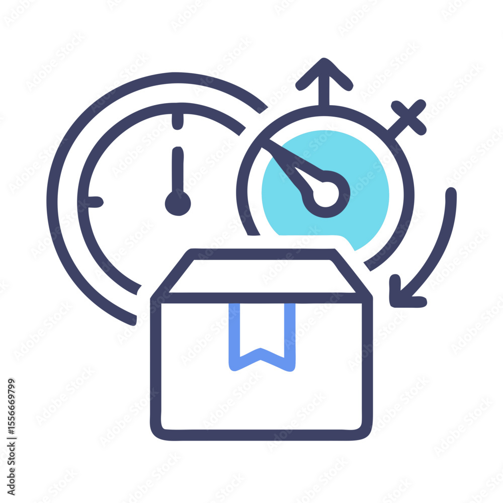 Obraz premium Fast delivery concept with box, clock, and stopwatch icons showing speed and timing
