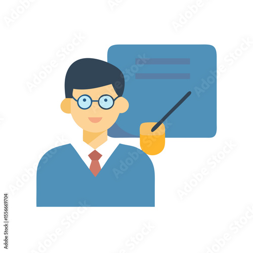 Illustration of a professor giving a lecture with pointer on a blackboard, flat style.