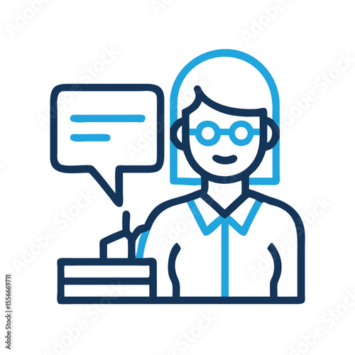 Helpdesk operator icon with communication bubble on a black background in blue tones.