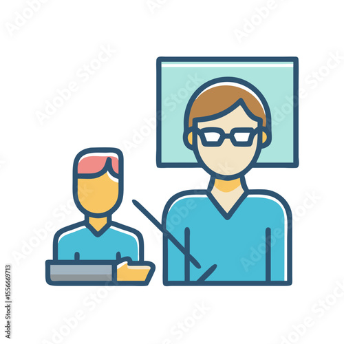 Professional teaching and learning flat icon illustration, with teacher and student in a classroom.