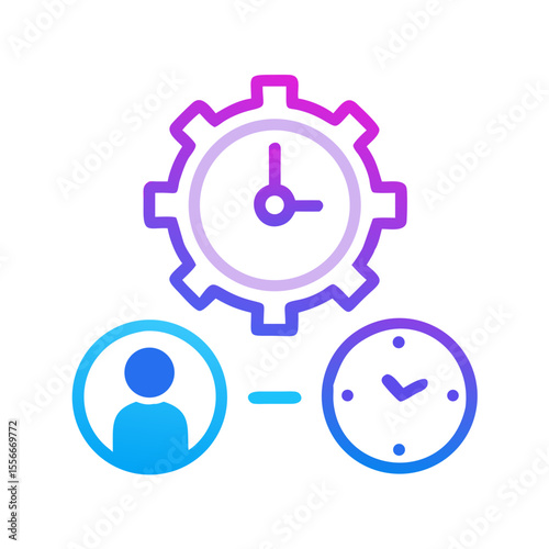 Time management system showing workflow between employee, clock, and operational efficiency via gear icon