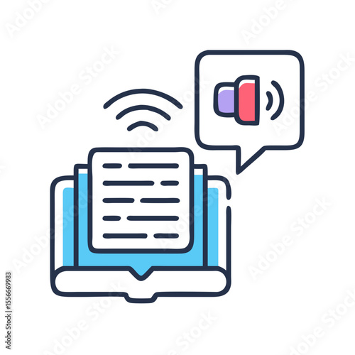 Audiobook listening app icon with laptop, text, speaker, and Wi-Fi connection