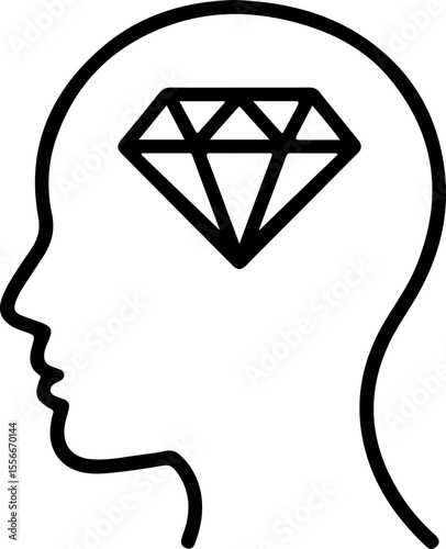 Diamond inside human head silhouette representing valuable thoughts or ideas