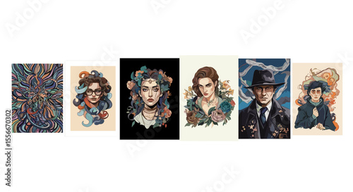 Diverse artistic portraits of figures with unique styles and decorative floral elements displayed together