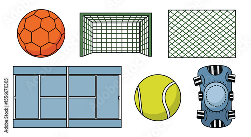 Illustration showing a handball, goal, net, tennis court, tennis ball, and knee pad for sports use