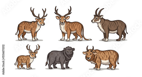 Illustration of six different species of deer and antelope standing together on a white background