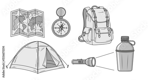 Illustration of camping gear including a map compass backpack tent flashlight and water bottle items 100