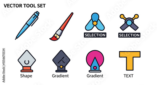 Illustration of vector tool set including pen, brush, shape, gradient, selection and text icons design