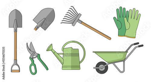 Illustration of gardening tools including shovels, rake, gloves, shears, watering can and wheelbarrow