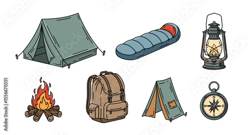 Illustration of camping gear including a tent, sleeping bag, lantern, campfire, and compass equipment