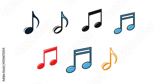 Collection of eight musical notes with varying colors and styles arranged on a white background space