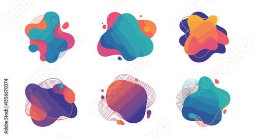 Collection of six abstract fluid gradient shapes with wavy lines and vibrant color schemes art design