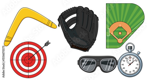 Illustration of boomerang, target with arrow, baseball glove, field, goggles, and stopwatch items