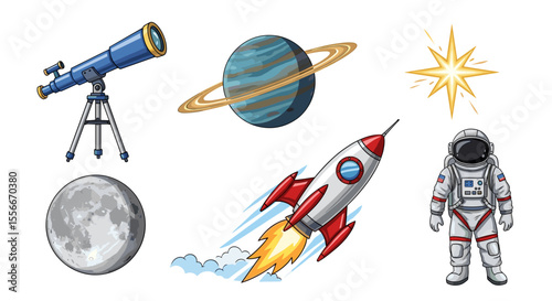 Illustration of a telescope, planet with rings, star, moon, rocket, and astronaut on a white background