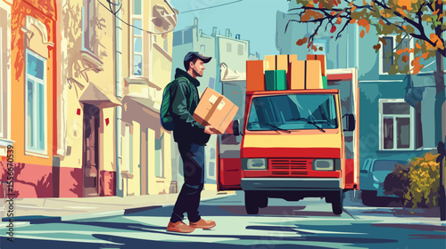 Professional Delivery Man Carrying Packages in Transport Tool