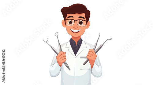 Professional Dentist Holding Dental Instruments on White Background