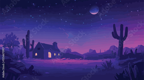 Dark Desert Night Manager Scene Background Flat Vector