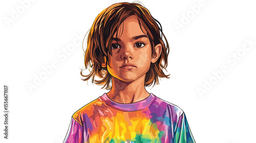 Confident Child in Colorful Tie-Dye Shirt Flat Vector Illustration