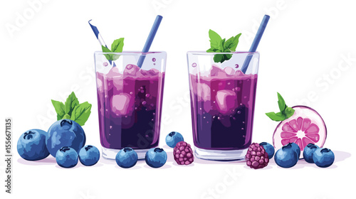 Blueberries Juice Flat Vector with Detox Lettering Illustration