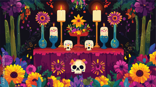 Day of the Dead Altar and Flowers Vector Illustration