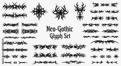 Neo-Gothic Glyph Set. Tribal Tattoo Flash. Black vector graphics with sharp dividers, frames, and symbols for logos, t-shirts, or edgy branding.