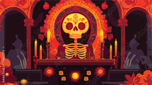 Day of the Dead Skull with Altar in Flat Vector Style